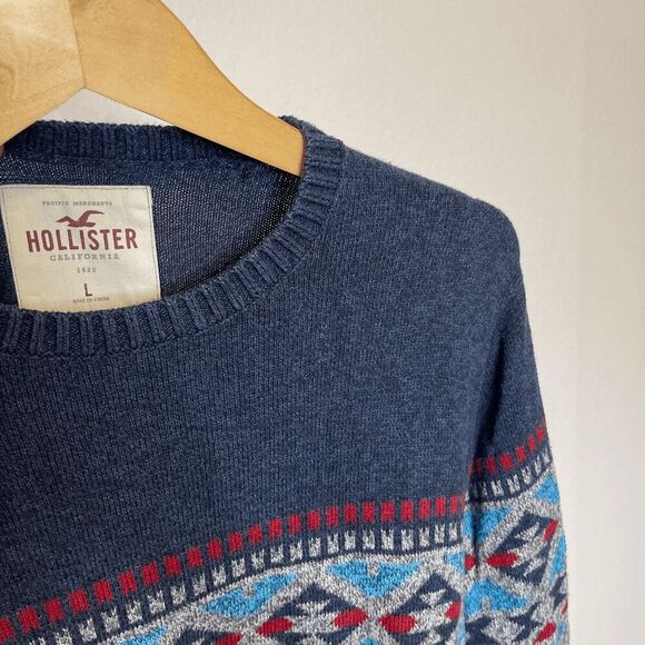 Hollister Mens Fair Isle Crew Neck Sweater Blue Gray Knit Pullover - Picture 3 of 8